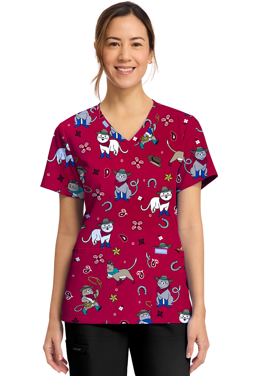 Cherokee Prints Women's CK856  Women's Print V-Neck Top
