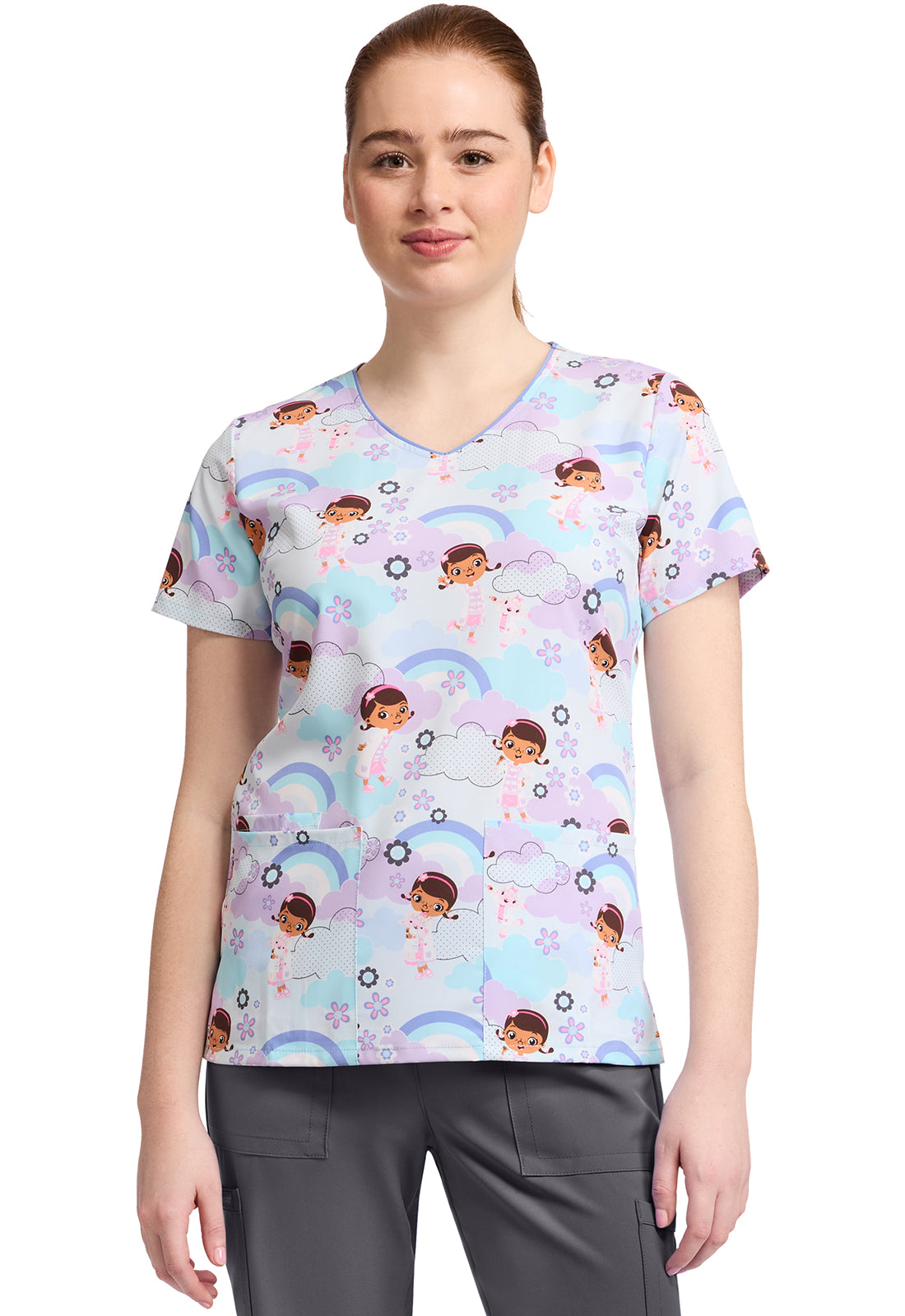 TF TOONIFORMS  Women's TF614 V-Neck Print Top