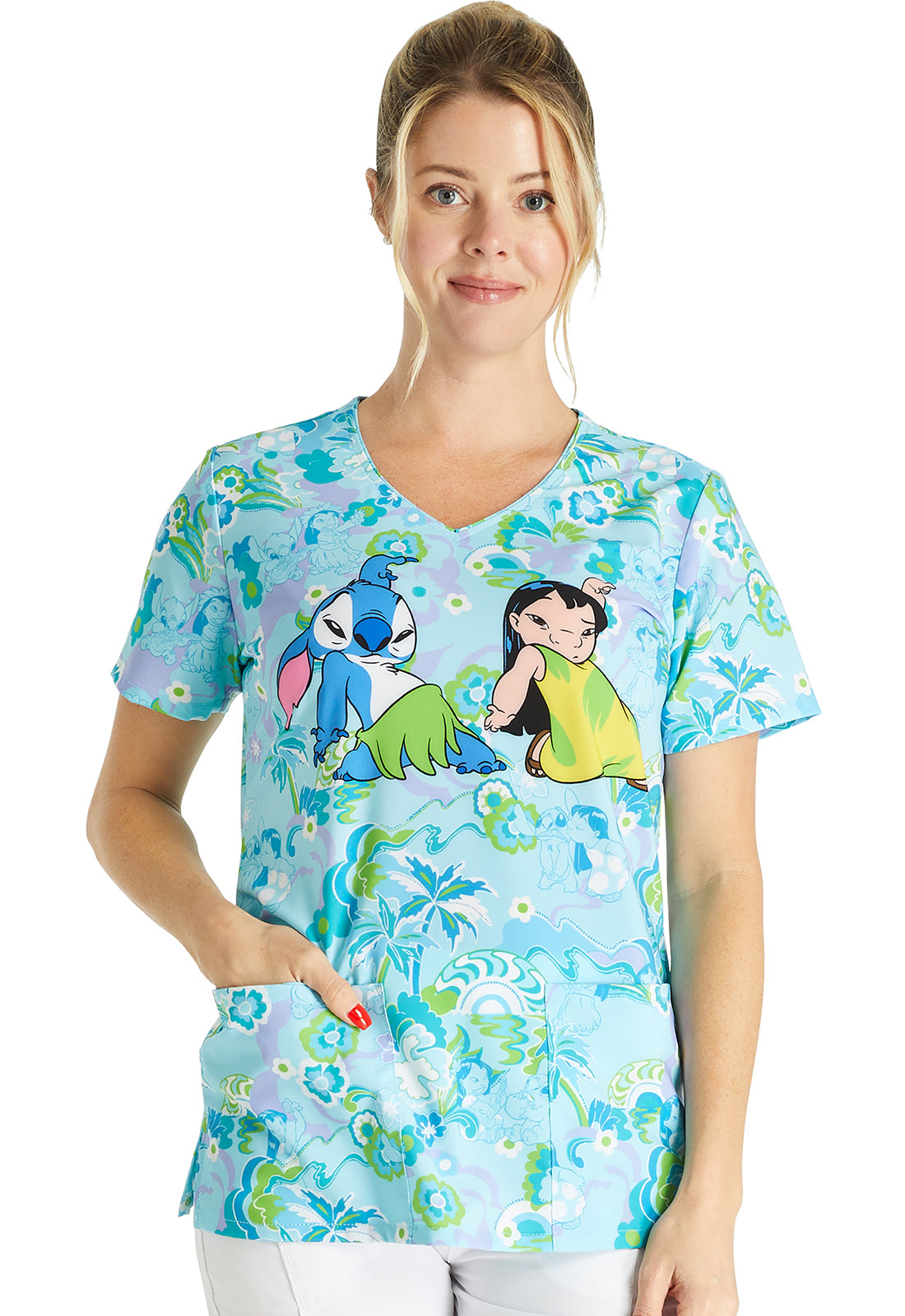 TF TOONIFORMS  Women's TF614 V-Neck Print Top