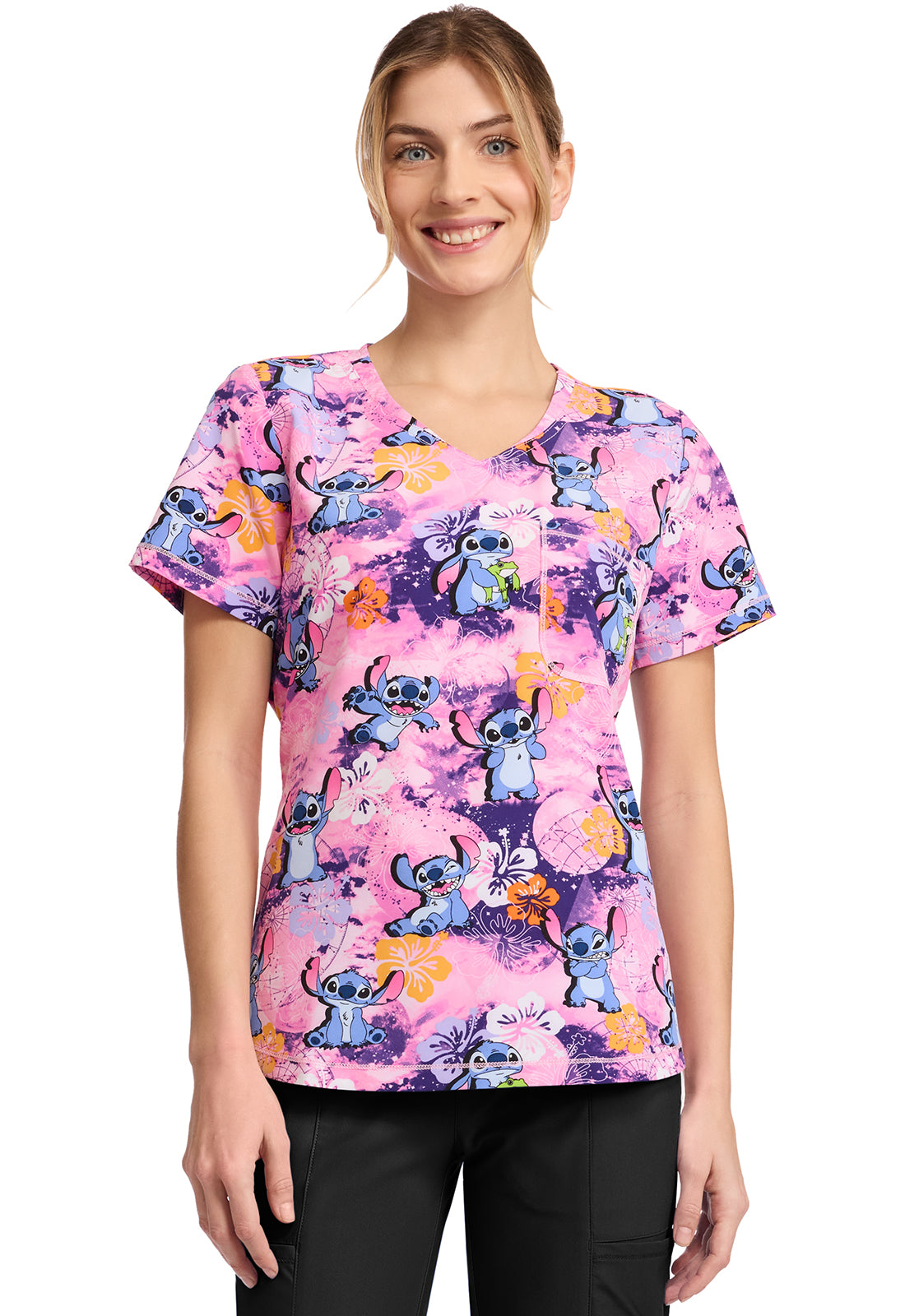 TF TOONIFORMS-DISNEY  Women's TF786 Rounded Print V-Neck Top