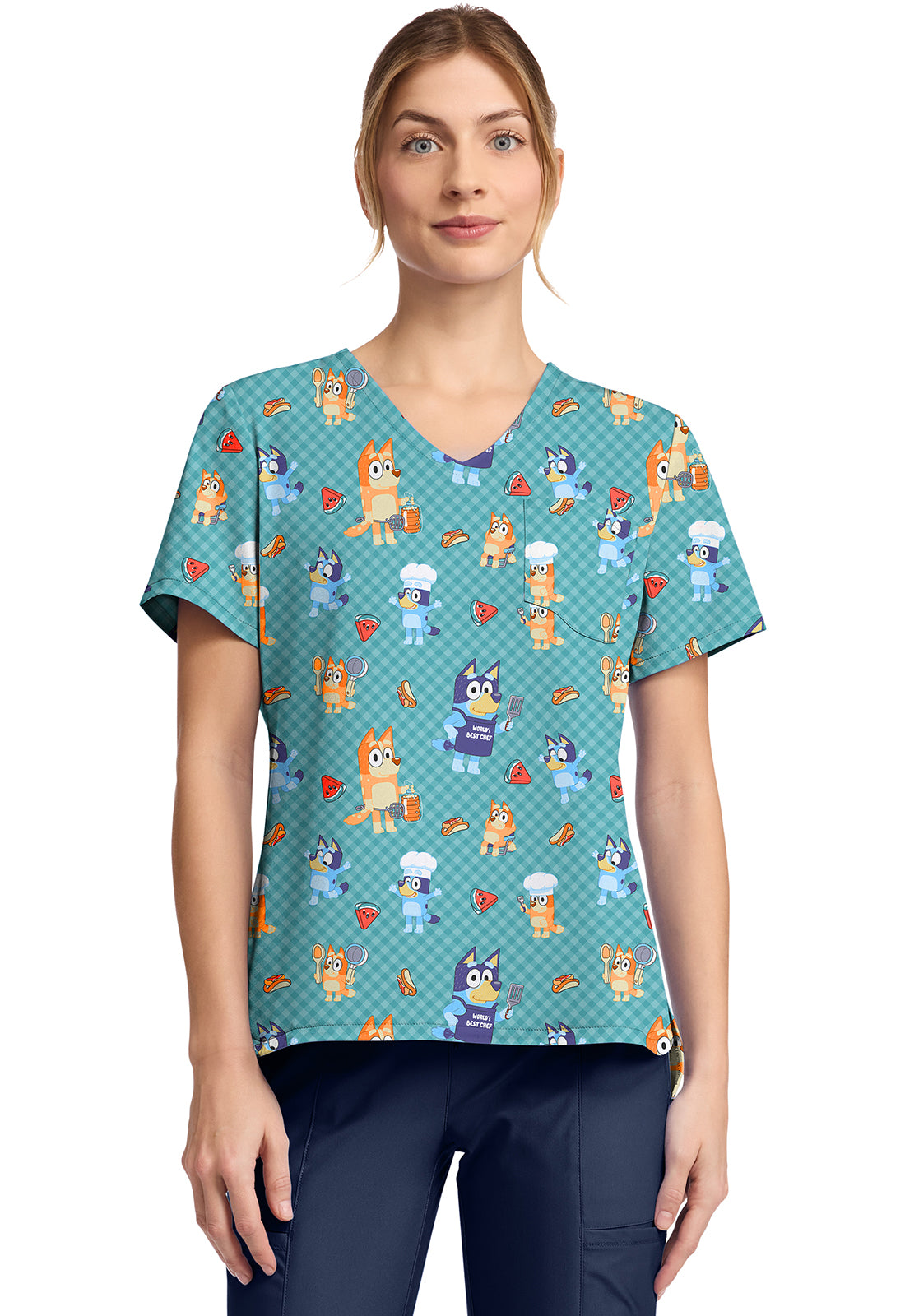TF TOONIFORMS-DISNEY  Women's TF797 Print V-Neck Top