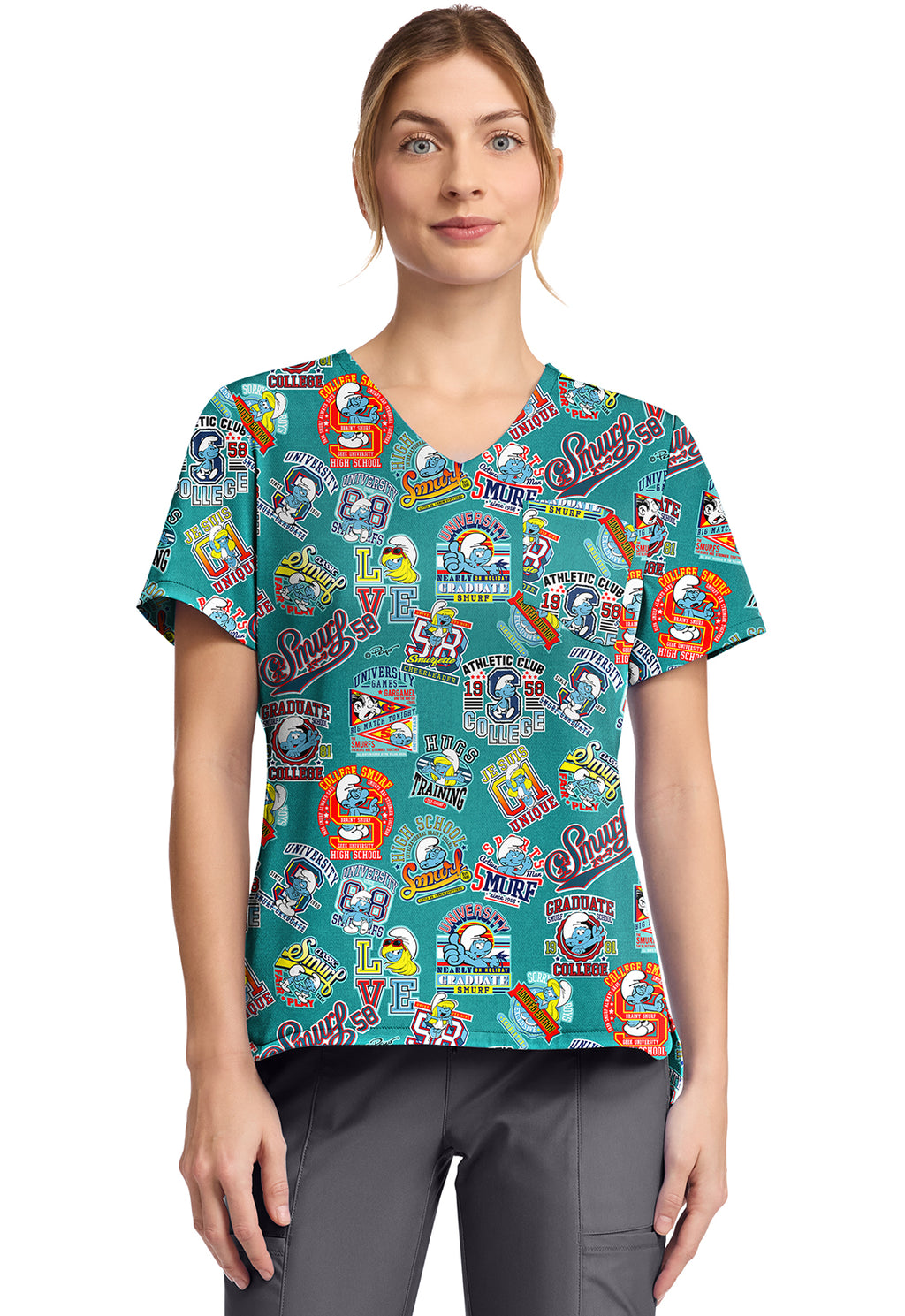 TF TOONIFORMS-DISNEY  Women's TF797 Print V-Neck Top